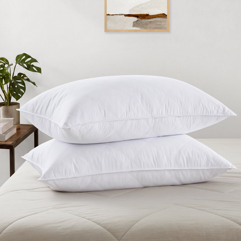 Quilted Goose Feather Pillows Set of 2 – Diamond Stitch Hotel Bed Pillows with Medium Support for Side & Back Sleepers