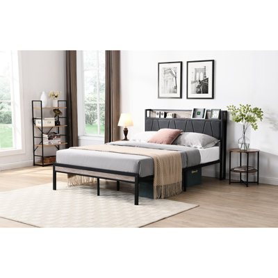 Queen Size Metal Bed With Upholstered Headboard And - Ample Under Storage, Silent, , Easy To Assemble, Works Without Box Spring Modern Platform Storage Compartment & , Quiet, Spacious Area, Assembly,