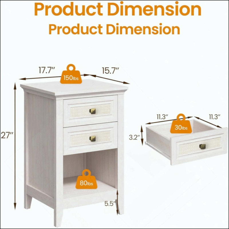 Table de chevet en rotin avec 2 tiroirs - Grande table de chevet 27 po Boho pour petits espaces et chambres à coucher