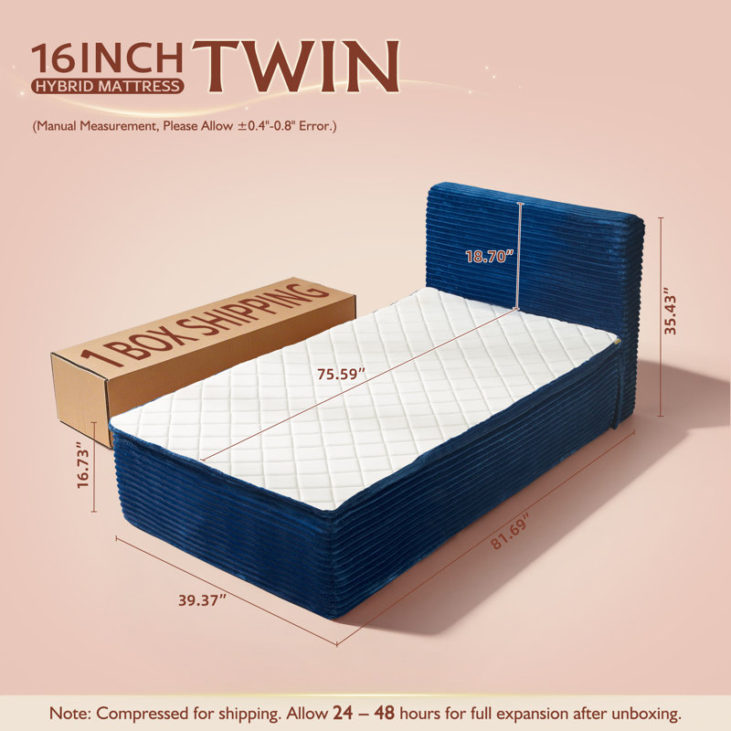 Twin 16" Extra-Thick Memory Foam Mattress with Headboard, All-in-One Bed, No Assembly Platform Bed, Medium Firm, No Box Spring Needed