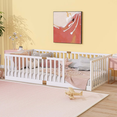 White Rubber Wood Watsons Floor Bed Equipped With High Safety Railings (No Door) And 6 Included Slats