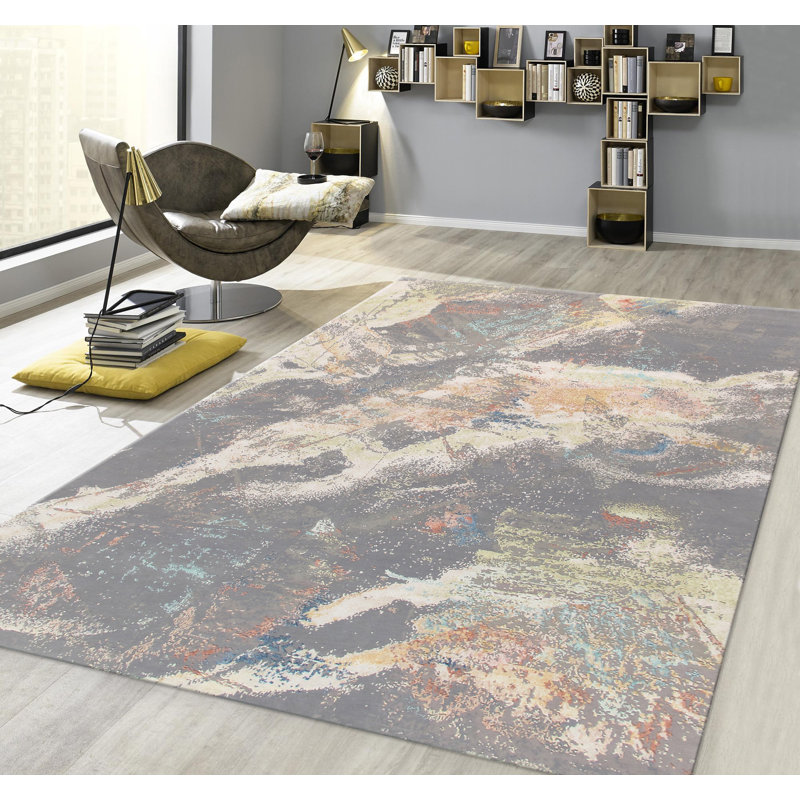 Hand Knotted Abstract Area Rug in L. Grey, Rectangle 9' x 12'