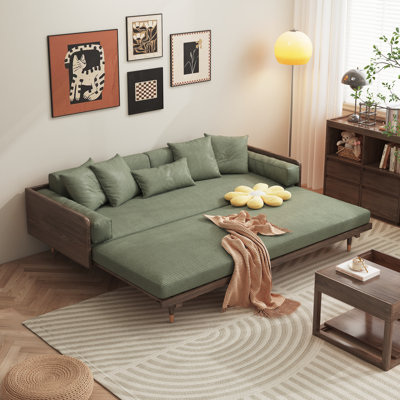Horta 82.7'' Three-Seater Green Upholstered Corduroy Sofa Bed Sleeper with Pillows