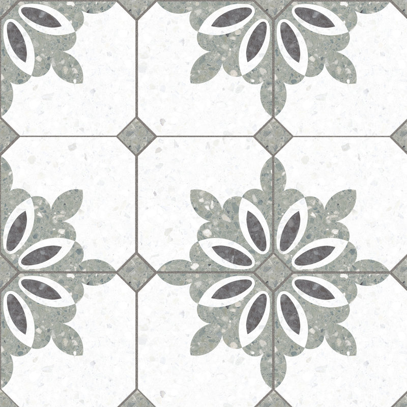 Riviera Octagon Antibes Verde avec Taco 7-7 / 8 po X 7-7 / 8 po Carreau de porcelaine pour plancher et mur, Blanc/vert