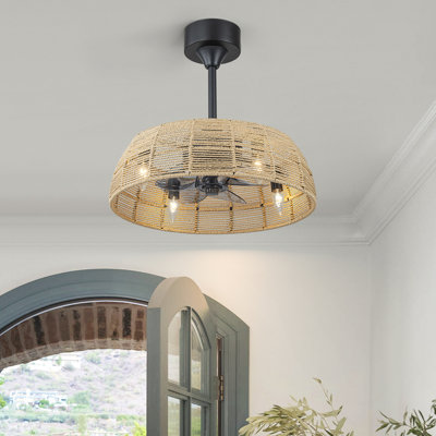 Ventilateur de plafond encastré en rotin de 20 po avec lumières et télécommande, moteur à courant continu 6 vitesses Farmhouse
