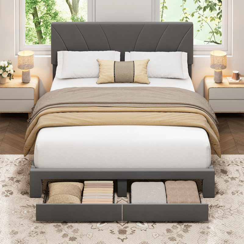 Structure de lit double tapissier pleine grandeur en velours avec tête de lit et 2 tiroirs de rangement sous le lit, conception à lattes en bois, aucune base supplémentaire requise, assemblage facile, gris