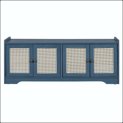Banc de rangement rustique avec portes en rotin tissé et tablettes réglables