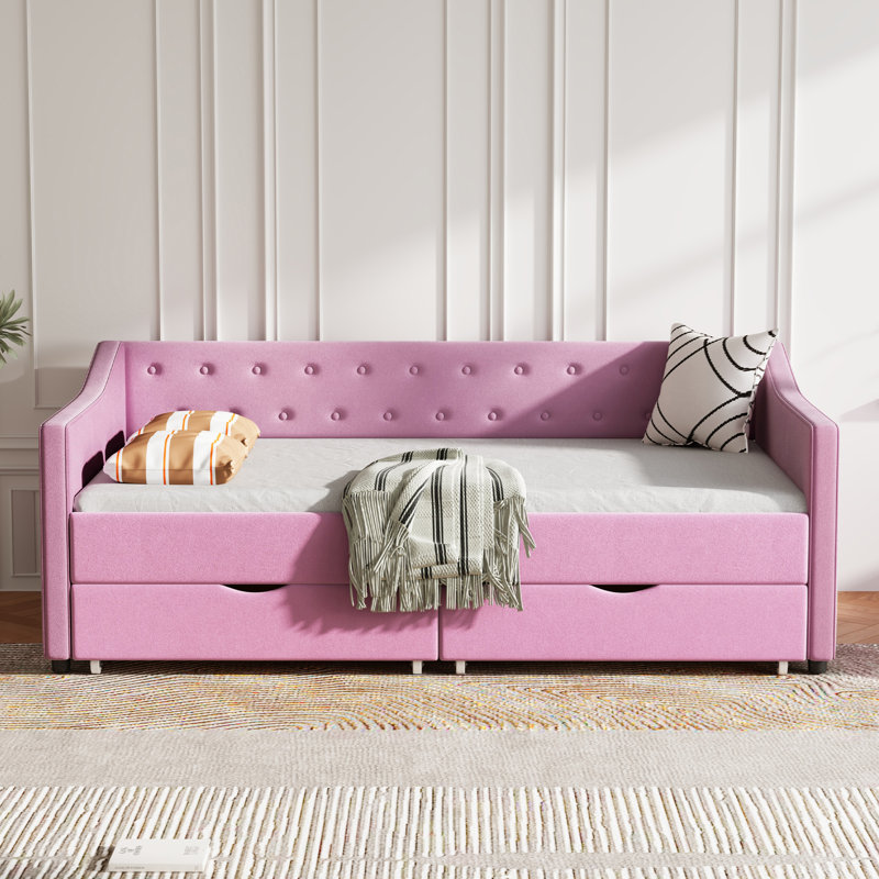 Twin Size Daybed with Drawers Upholstered Tufted Sofa Bed, with Button on Back and Piping on Waved Shape Arms-Light Grey