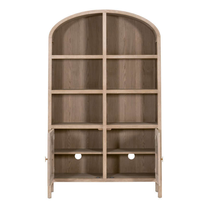 Smoke Gray Oak and Cane Arched Storage Bookcase with Doors