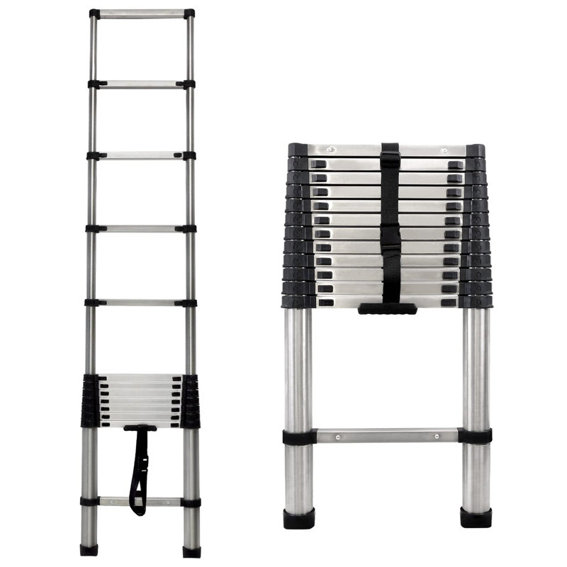 Telescopic Ladder 3.8M Stainless Steel Extension Multi-Purpose Portable Loft Step Ladder with Non-Slip Rubber Feet 150kg Capacity
