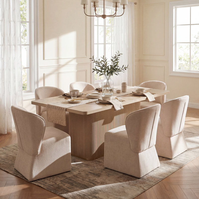 Ensemble de table de salle à manger 7 pièces Aurelio avec chaises rembourrées et plateau en bois, Beige