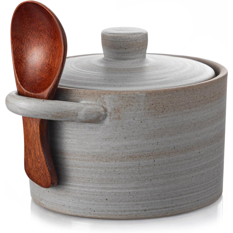 Pot à sel vintage en céramique mouchetée avec couvercle en bois, 9 cm de diamètre, pot à épices de comptoir