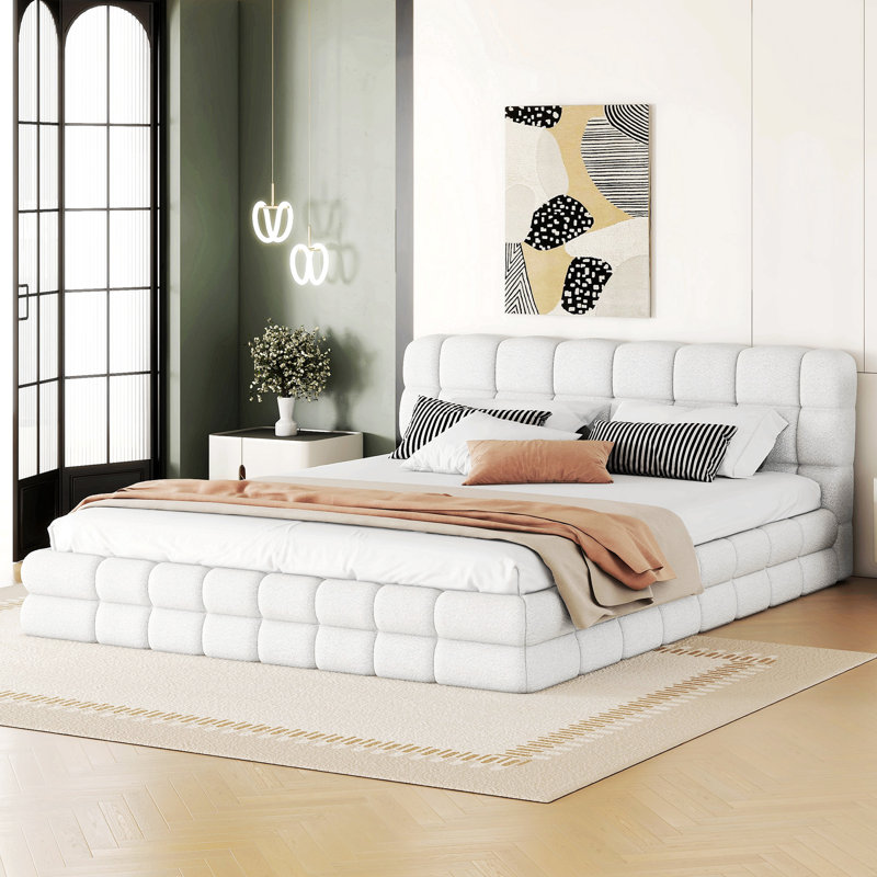 Lit plateforme en tissu d'ameublement, Blanc