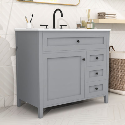 Meuble-lavabo compact autoportant avec rangement réglable, 4 tiroirs et lavabo en céramique