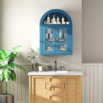 Wall Mounted Arched Cabinet With Glass Doors, LED Lighting, And Adjustable Shelves For Laundry Room, Bathroom, And Kitchen