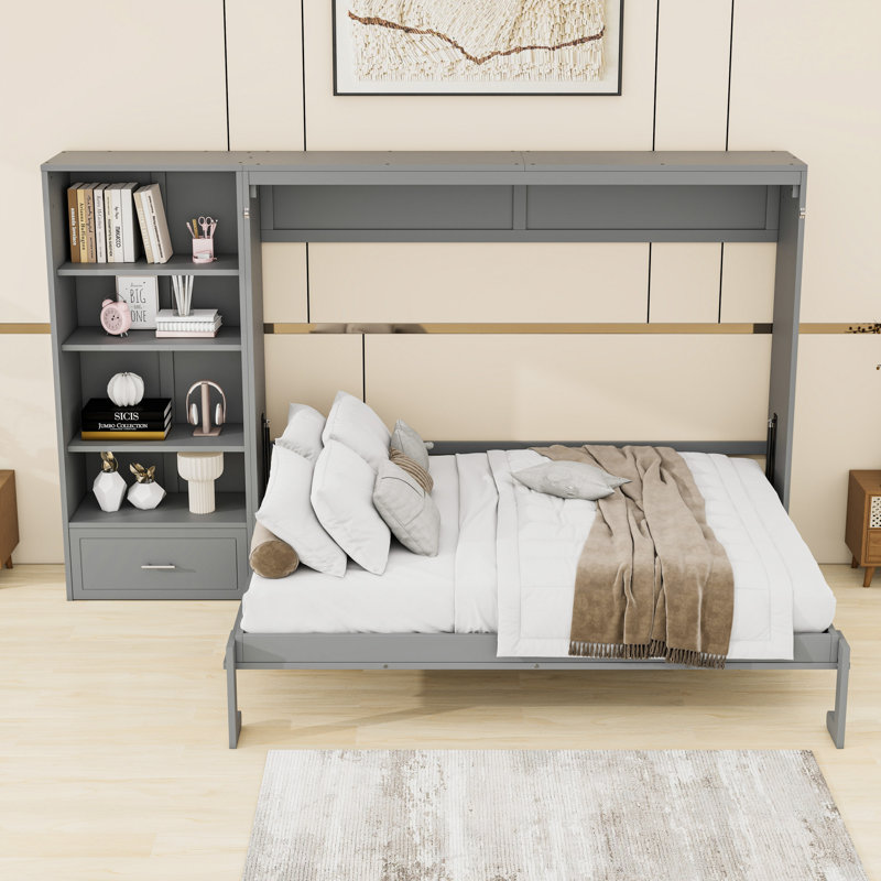 Grand lit escamotable avec tablette et tiroir, gris