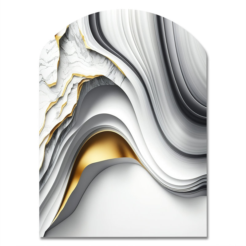 «Abstract Geode Waves Grey I», impression abstraite asymétrique sur métal, décoration murale arche moderne en métal