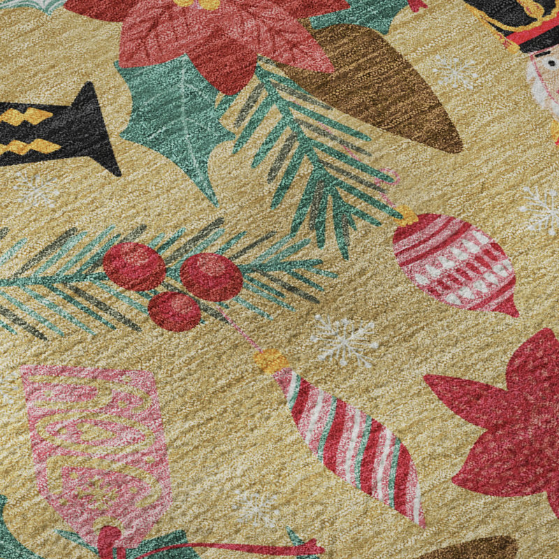 Premium Machine Washable Dockside AMF1822 Nutcracker and Poinsettia Rug, Rectangle 1'8" x 2'6"