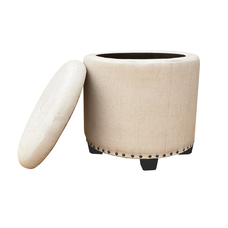 Mayen 19" Wide Round Storage Ottoman, Cream Woven
