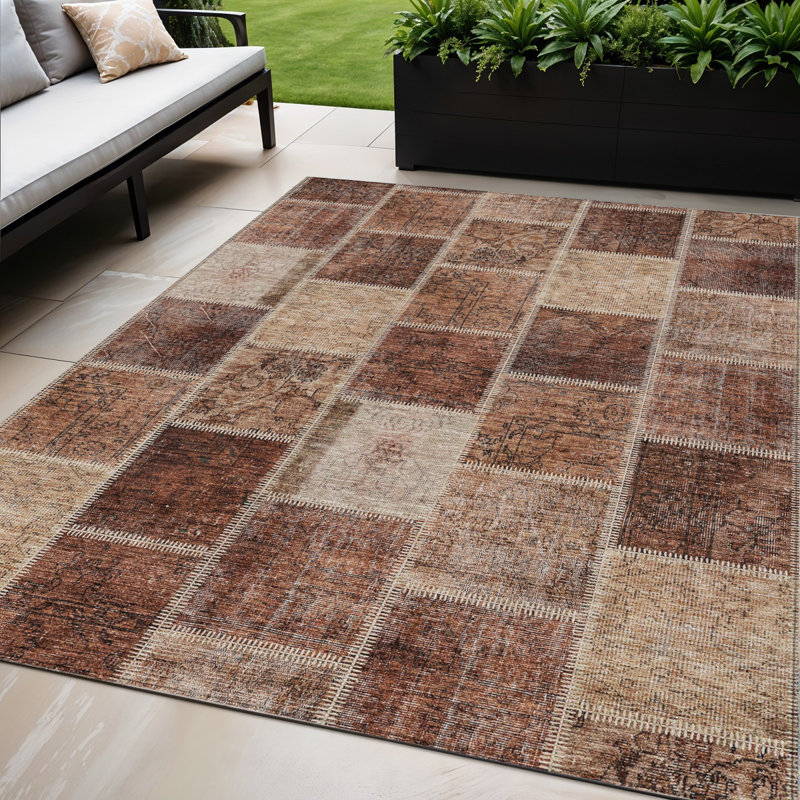 Tapis extérieur lavable et patchwork orange 5 pi x 8 pi cuivre et beige