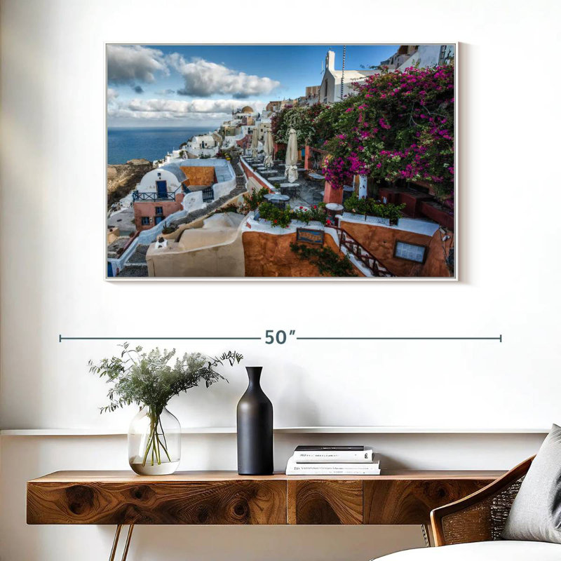 Bougainvilliers et cafés à Oia Santorini, 40 po x 27 po, Cadre flottant blanc