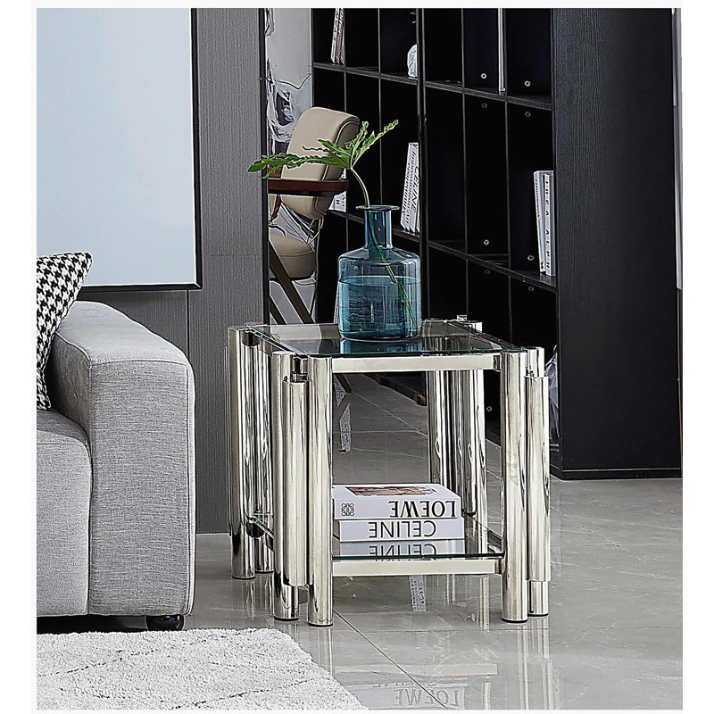 Table d'appoint carrée de 20 pouces, table d'appoint moderne en acier inoxydable, table basse à double couche en verre trempé, avec table d'appoint de rangement, convient au salon, au bureau à domicile