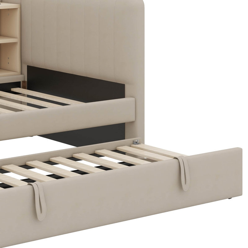 Lit de jour de taille simple recouvert de tissu avec couchette, tablettes de rangement intégrées, points de charge USB, Beige