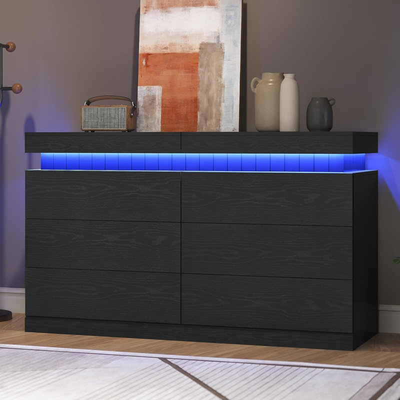 6 Drawer Dresser With Power Outlet, Modern Chest Of Drawers With Led Lights, Black
