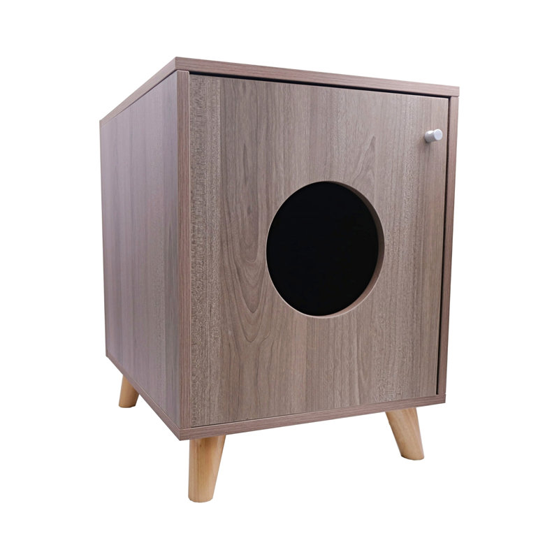 Small Gray Oak Wood Cat Litter Box Enclosure Nightstand