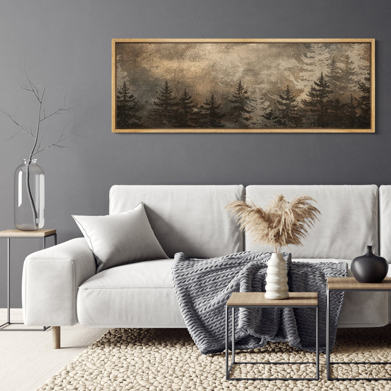 Rustic Forest Silhouette With Textured Sky Framed Canvas Master Bedroom Wall Art Work Print, Natural, 20" H x 60" W x 1.5" D
