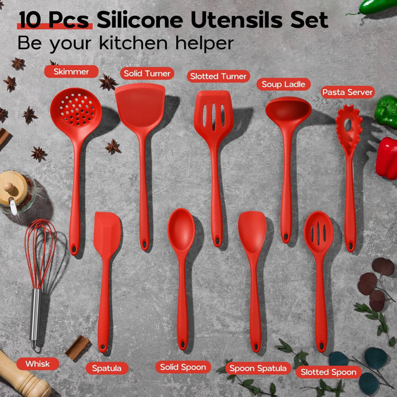 Ensemble 10 pièces d'ustensiles de cuisine en silicone rouge - non toxique, résistant à la chaleur, compatible avec les ustensiles de cuisine antiadhésifs, va au lave-vaisselle, comprend un tournevis, une cuillère, une louche, une spatule, un fouet