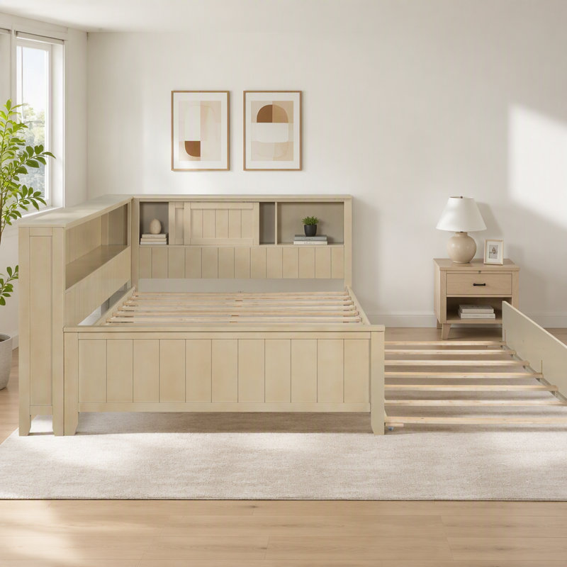 Lit de jour pleine grandeur en bois avec tablettes de rangement et lit gigogne, lait blanc antique