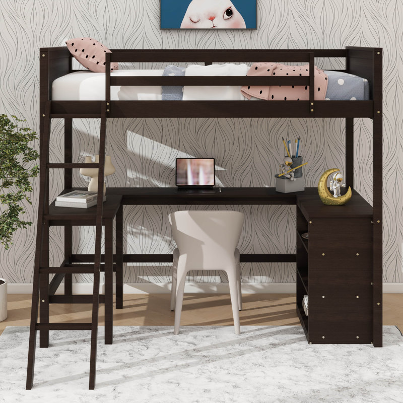 Lit mezzanine simple avec tablettes intégrées et zone d'étude, y compris poste de travail, Espresso