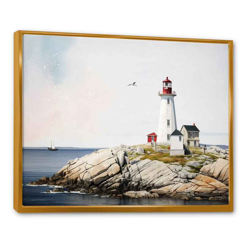 Phare par l'océan I - reproduction sur toile, Cadre flottant doré, H 12 po x l 20 po x P 1 po