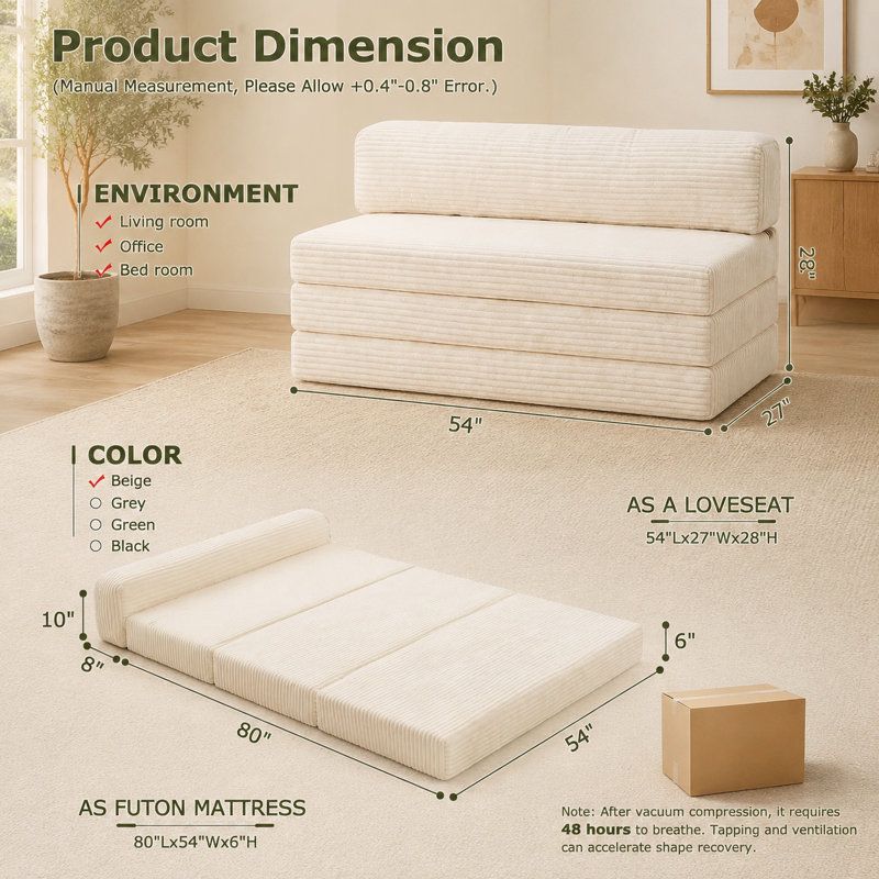 Canapé-lit futon double convertible pleine grandeur, canapé-lit beige avec poignée, coussins amovibles et housse lavable pour les petits espaces