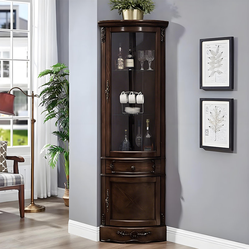 Armoire de coin 24,41 po en bois massif de style américain avec panneau de présentation en verre et unité de rangement pour le vin