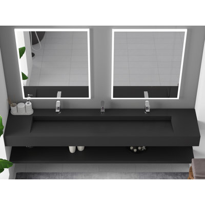 Pyramid 84" Wall Mounted Rectangular Solid Surface Trough Bathroom Sink in Matte Finish - Black