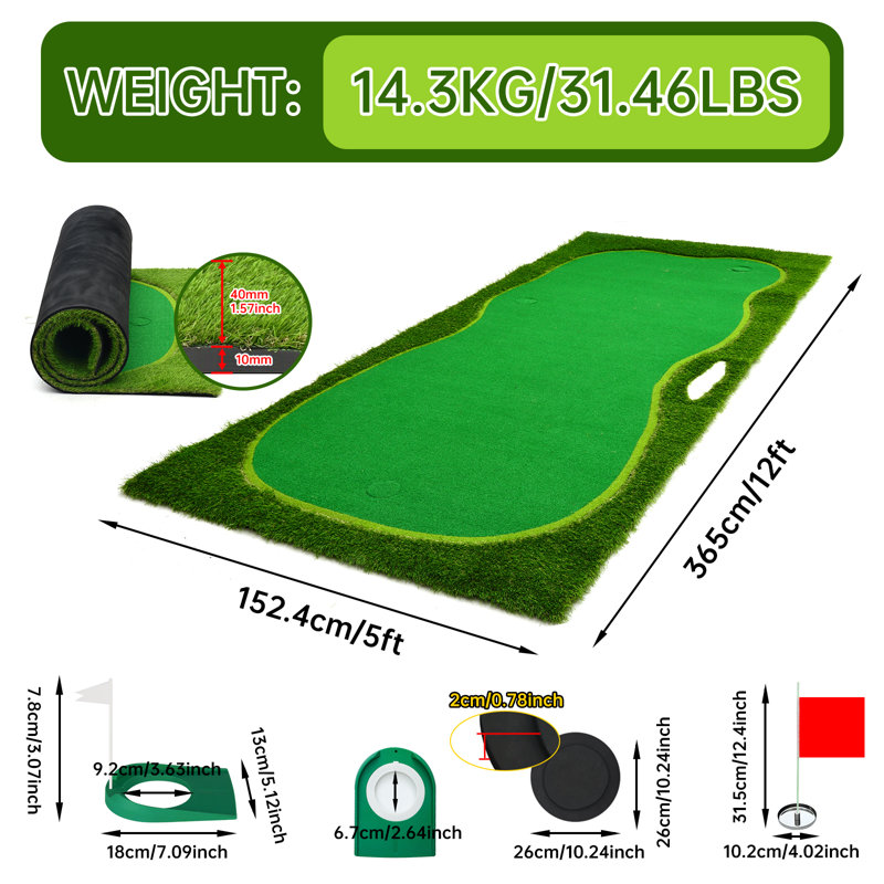 Tapis d'intérieur et d'extérieur avec tasses en acier inoxydable, pente réglable et gazon artificiel de qualité supérieure (5 x 12 pi)
