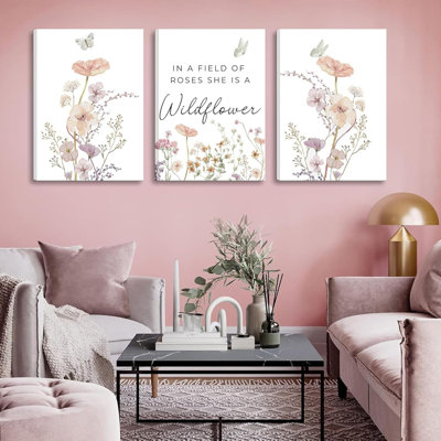 3Pcsframed Wildflower Nursery Canvas Wall Art Flower Botanical Sentence Poster Pink Watercolor Floral Girl's Room Decorative Painting For Nursery Baby Room Living Room Bedroom Home Decoration