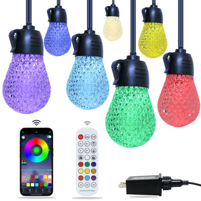 2 Pack, Smart 49ft Plug-in Outdoor LED String Lights, App & Remote Control, 15 RGBW Bulbs, Music Sync