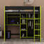 Lit mezzanine double pleine grandeur, lit mezzanine en bois avec bureau, armoire ouverte, tablettes et lumières RVB-341738449