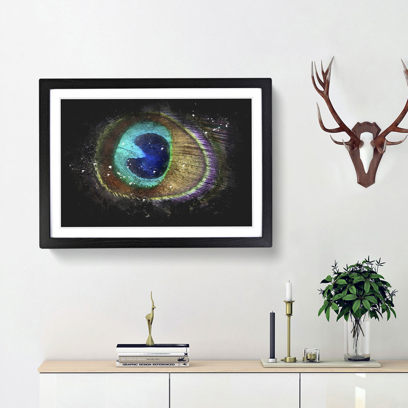 Delicate Peacock Feather Paint Splash - Framed Print, Black Framed, 62cm H x 87cm W x 2cm D