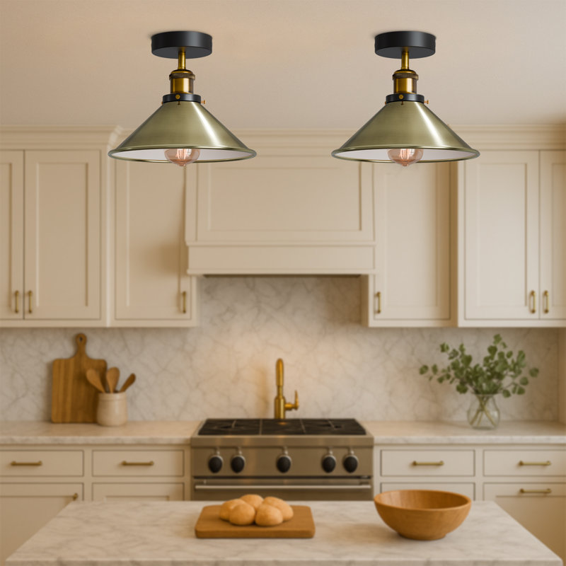 Semi Flush Mount, Black, Green Brass