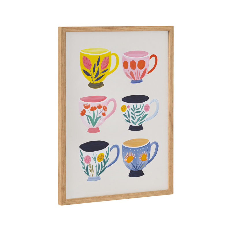 Botanical Coffee Shop Tea Cups by The Creative Bunch Studio Framed Wall Art Print, Encadrement brun clair