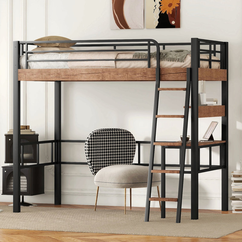 Lit mezzanine en métal avec bureau intégré, tablette de rangement et échelle, noir, Lit simple
