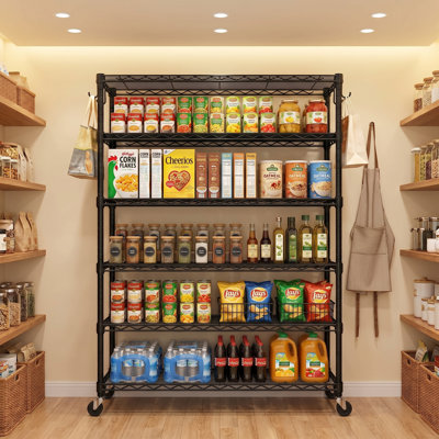  6-tier Nsf-certified Heavy Duty Wire Shelving - 36"wx16"dx76"h 4-segment Upright Compound Adjustable With Lockable Wheels & Hooks, Black Diy Storage Rack For Garage, Kitchen & Pantry