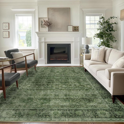 Washable Area Rug Vintage Green Rug for Living Room