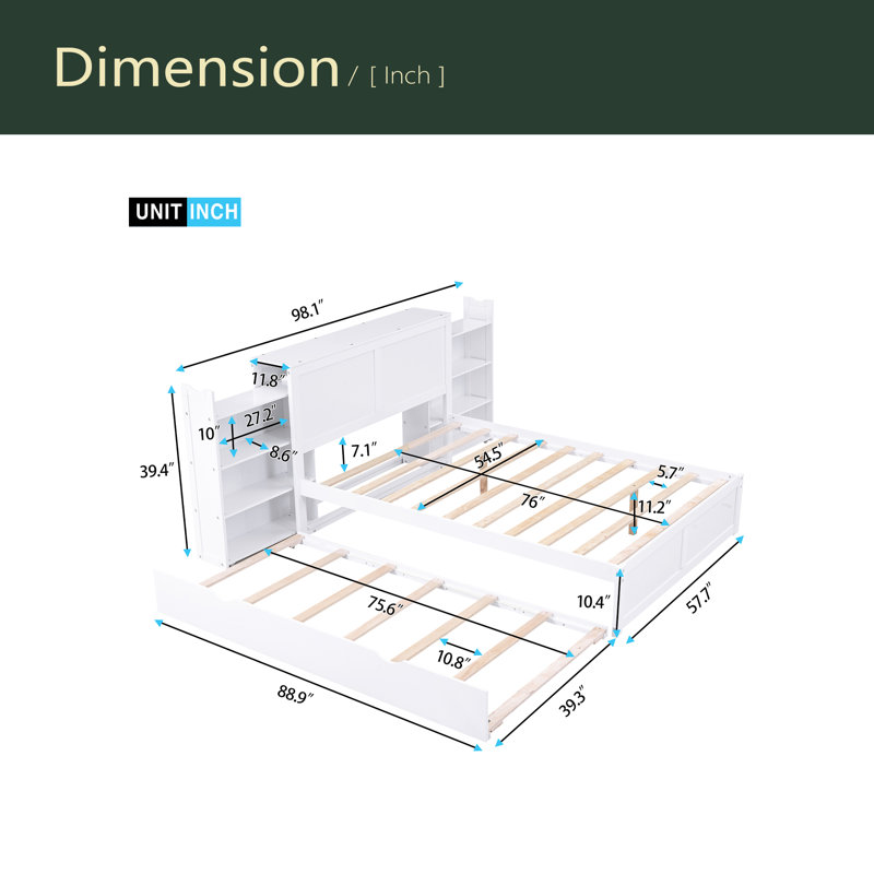 Lit plateforme avec rangement et tablettes gigognes, Lit double