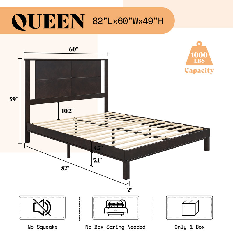 Mid-century Modern Queen Size Solid Wood Bed Frame, Brown, Brown, Queen