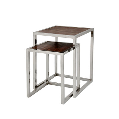 Marcello Recycled Metal & Wood Nesting Table Set of 2 – Industrial Accent Tables with Solid Wood Tops 